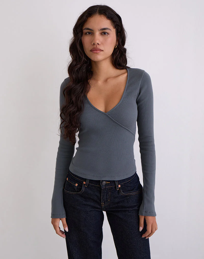Dulcet Geripptes Langarm-Top in Blau Granit - Image 2