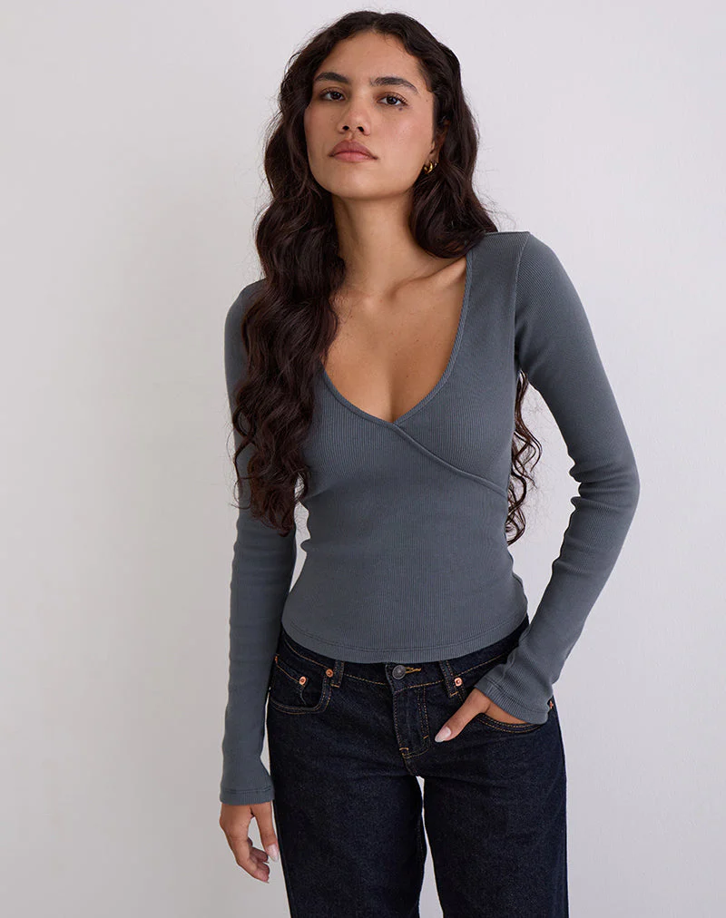 Dulcet Geripptes Langarm-Top in Blau Granit - Image 6