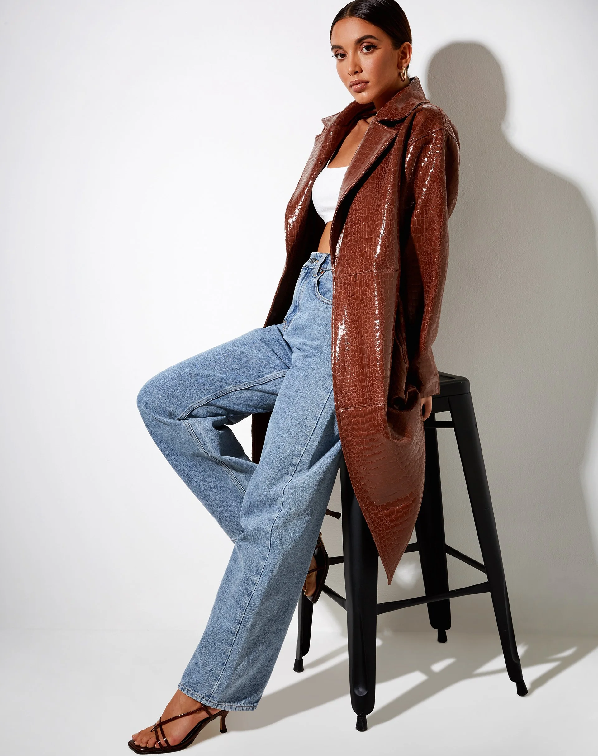 Duster Longline Mantel aus Croc Pu Braun - Image 3