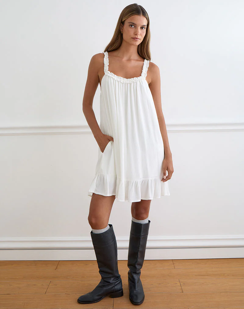 Elowen Frill Mini Dress in Crinkle Off White - Image 3