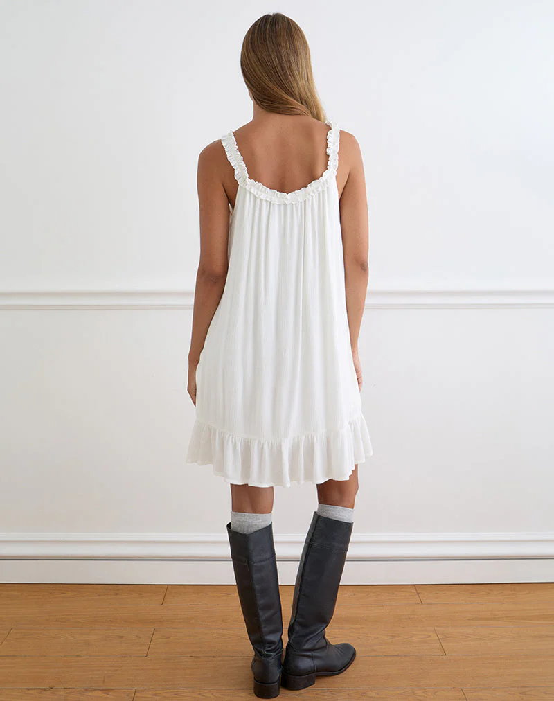 Elowen Frill Mini Dress in Crinkle Off White - Image 5