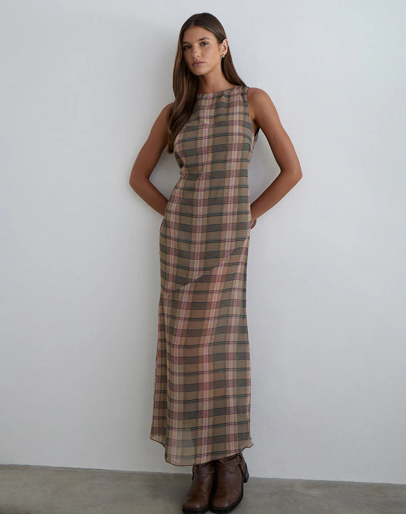 Elska Maxikleid in Braun und Rosa mit verschwommenem Karomuster - Image 3