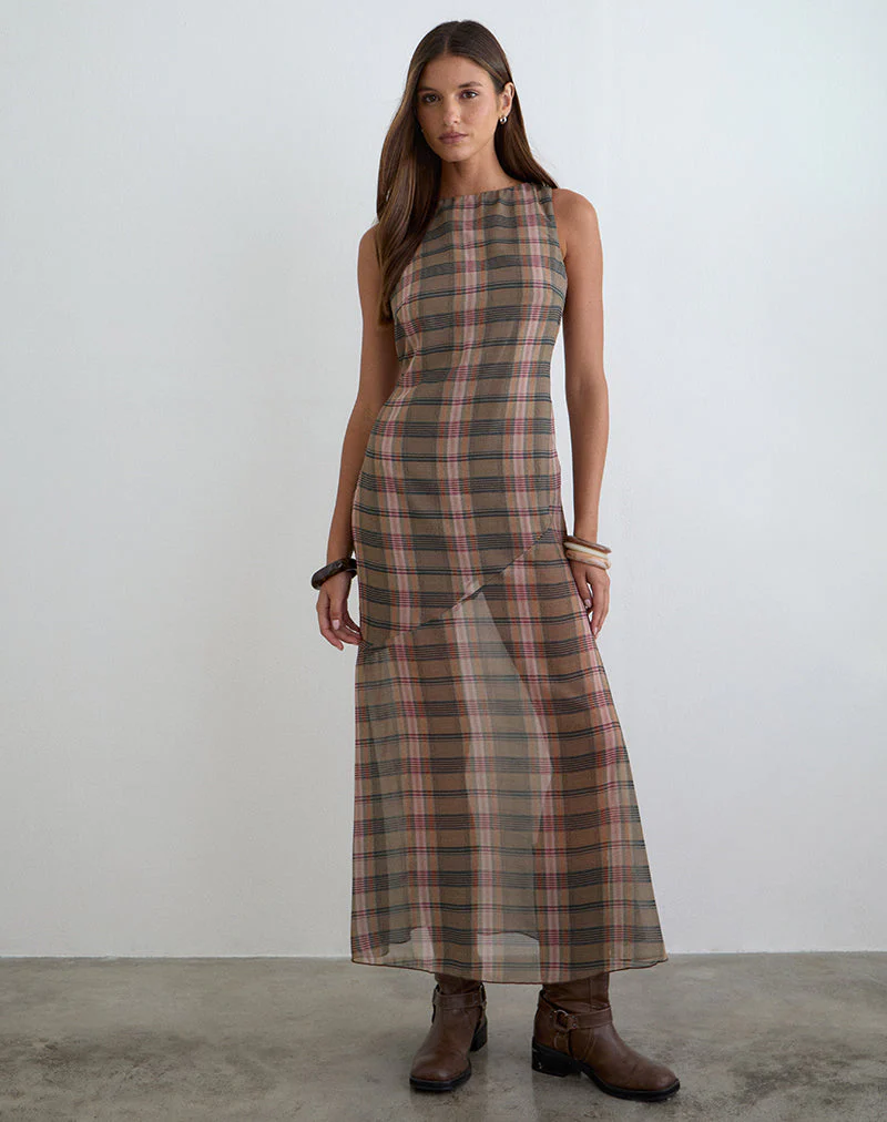 Elska Maxikleid in Braun und Rosa mit verschwommenem Karomuster - Image 4