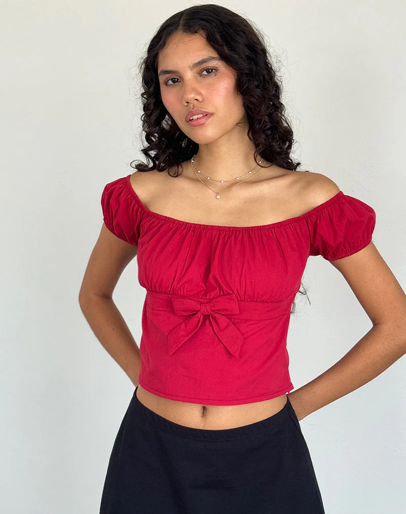 Endah Bardot Top aus Popeline Adrenalin Rot - Image 3