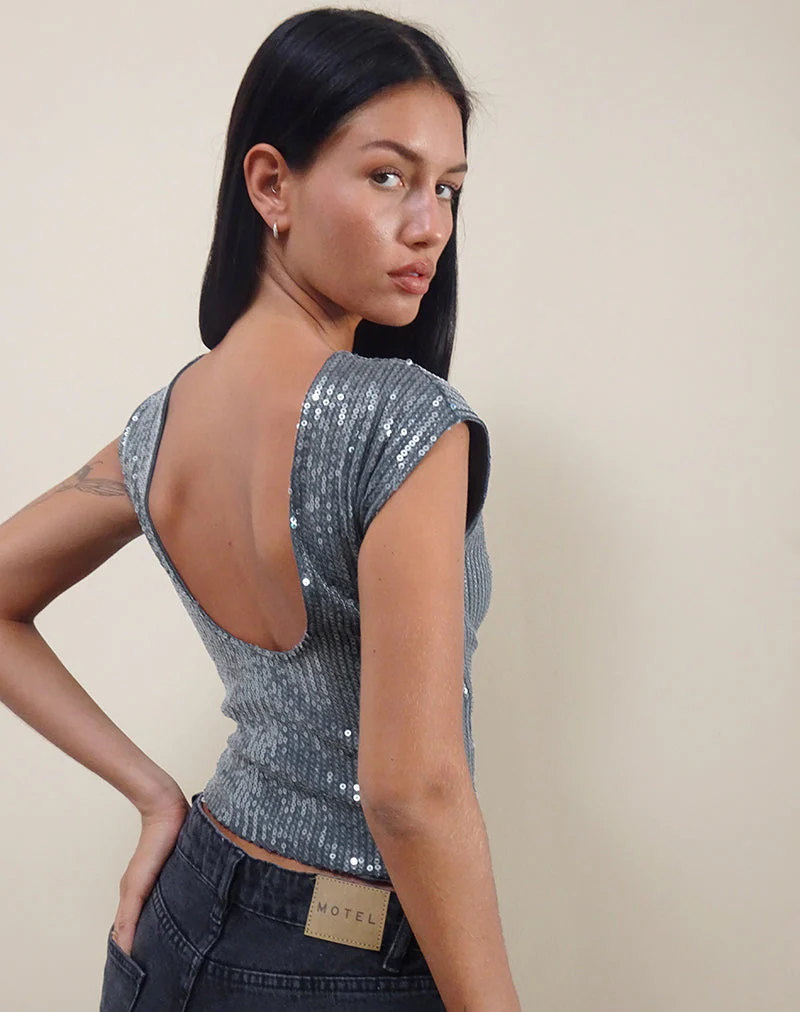 Erika Low Back Top aus schimmerndem Paillettenstoff Charcoal - Image 5