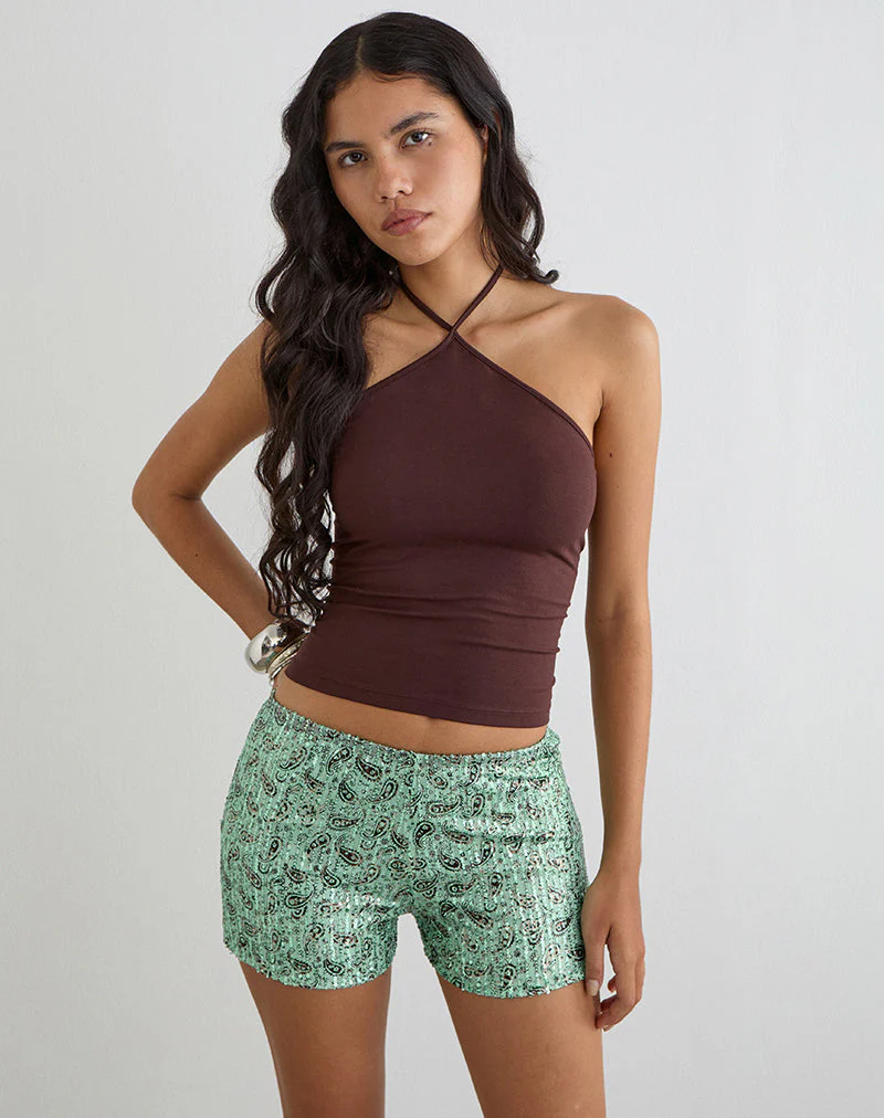Erna Micro Short in Paisley Sequin Teal - Image 2