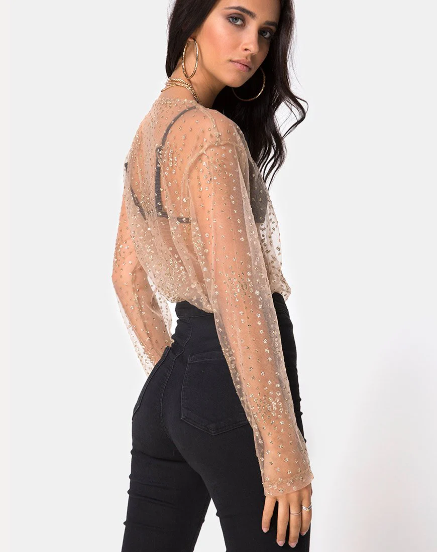 Ether Langarm-Top in Gold Glitter auf Netz Tan - Image 2