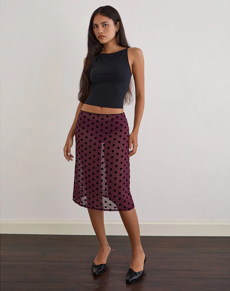 Evani Unlined Midi-Rock in Vintage Polka Maroon - Image 3