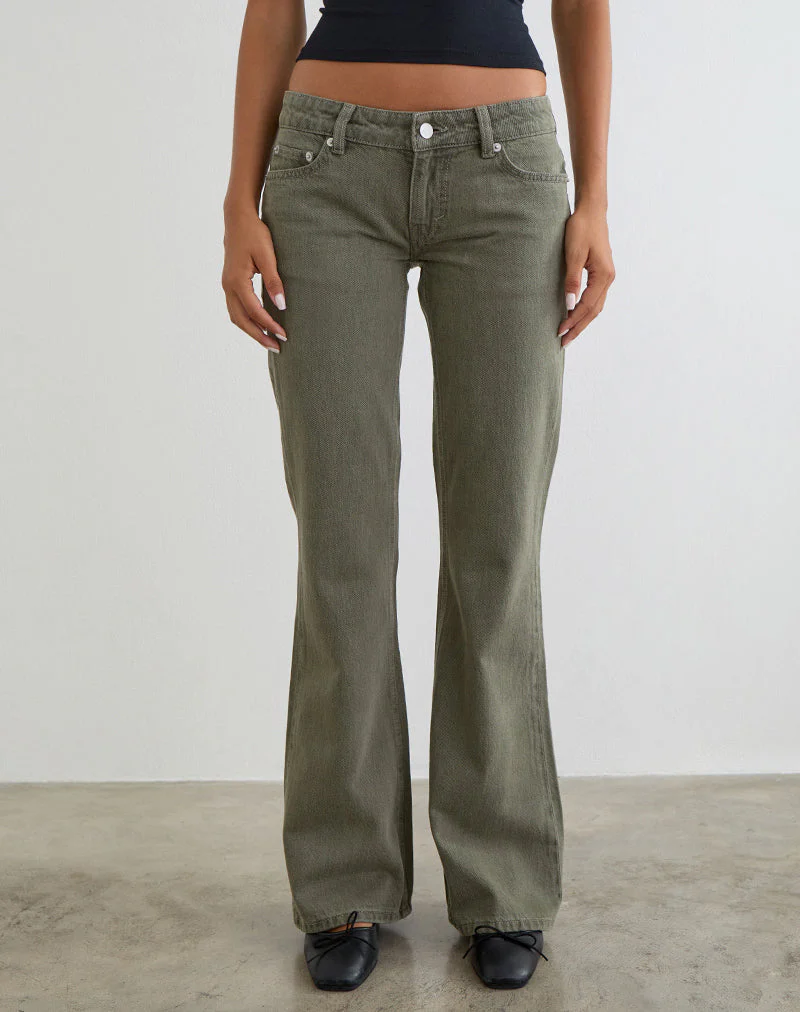 Extra Low Rise Flare Jeans in Olive - Image 2