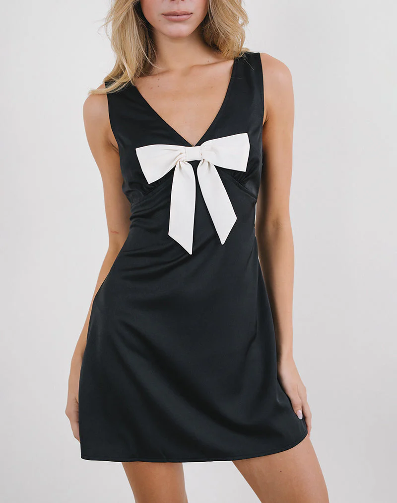 Faradiba Minikleid aus schwarzem Satin mit elfenbeinfarbener Schleife - Image 2