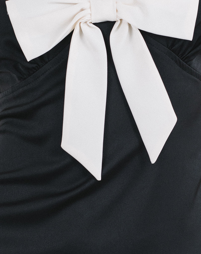 Faradiba Minikleid aus schwarzem Satin mit elfenbeinfarbener Schleife - Image 6