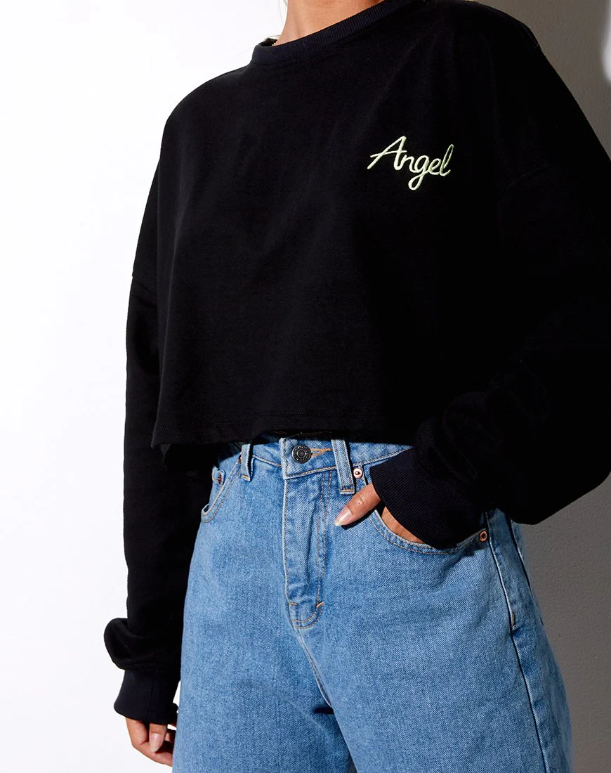 Fawly Crop Top in Schwarz 'Angel' Stickerei in Neongrün