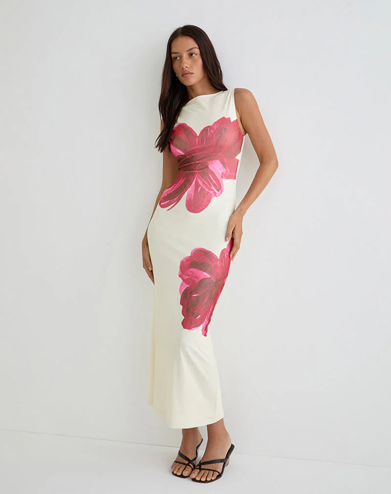 Fayola Bedrucktes Maxikleid in Creme mit roter Aquarellblume - Image 2