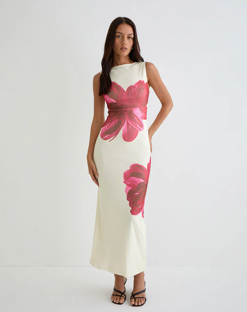 Fayola Bedrucktes Maxikleid in Creme mit roter Aquarellblume - Image 3