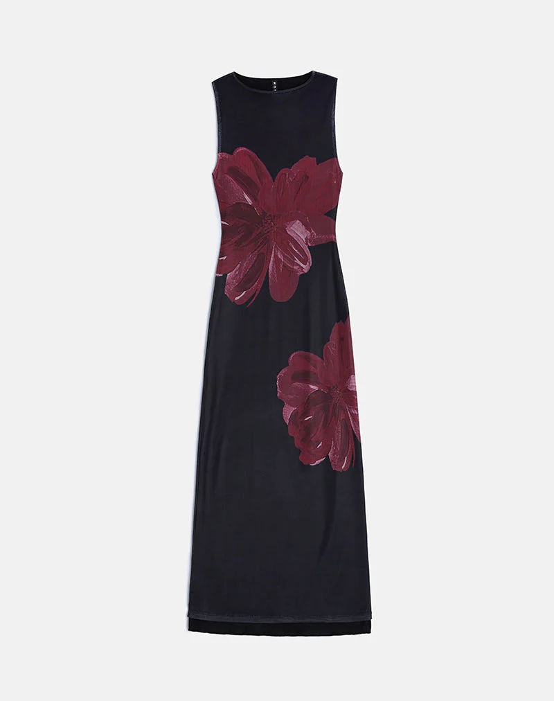 Fayola Maxikleid in Schwarz mit burgunderfarbener Aquarellblume - Image 2