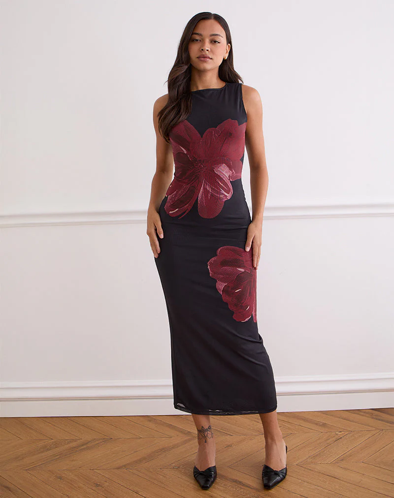 Fayola Maxikleid in Schwarz mit burgunderfarbener Aquarellblume - Image 3