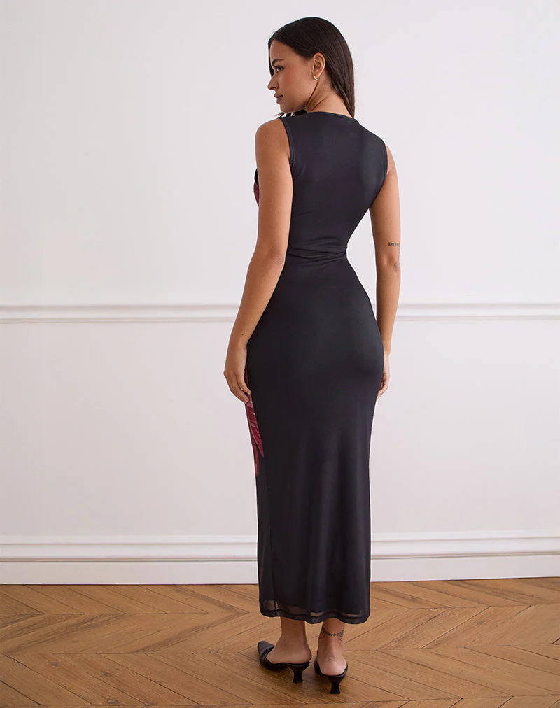 Fayola Maxikleid in Schwarz mit burgunderfarbener Aquarellblume - Image 4