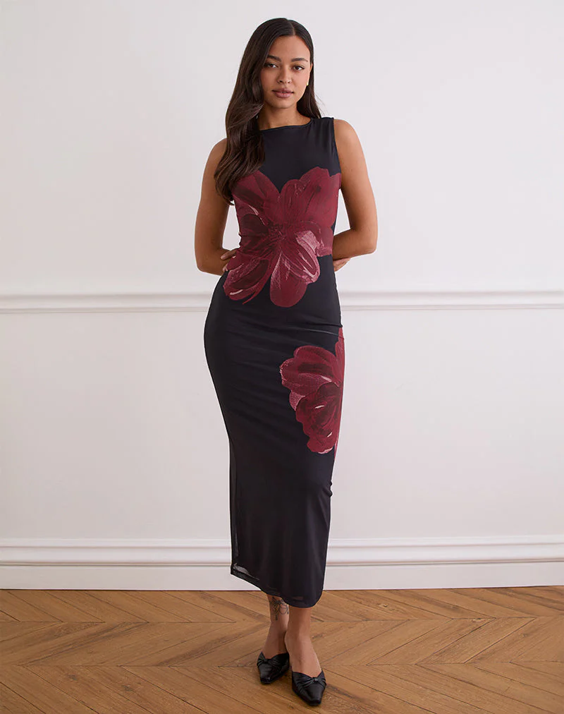 Fayola Maxikleid in Schwarz mit burgunderfarbener Aquarellblume - Image 5