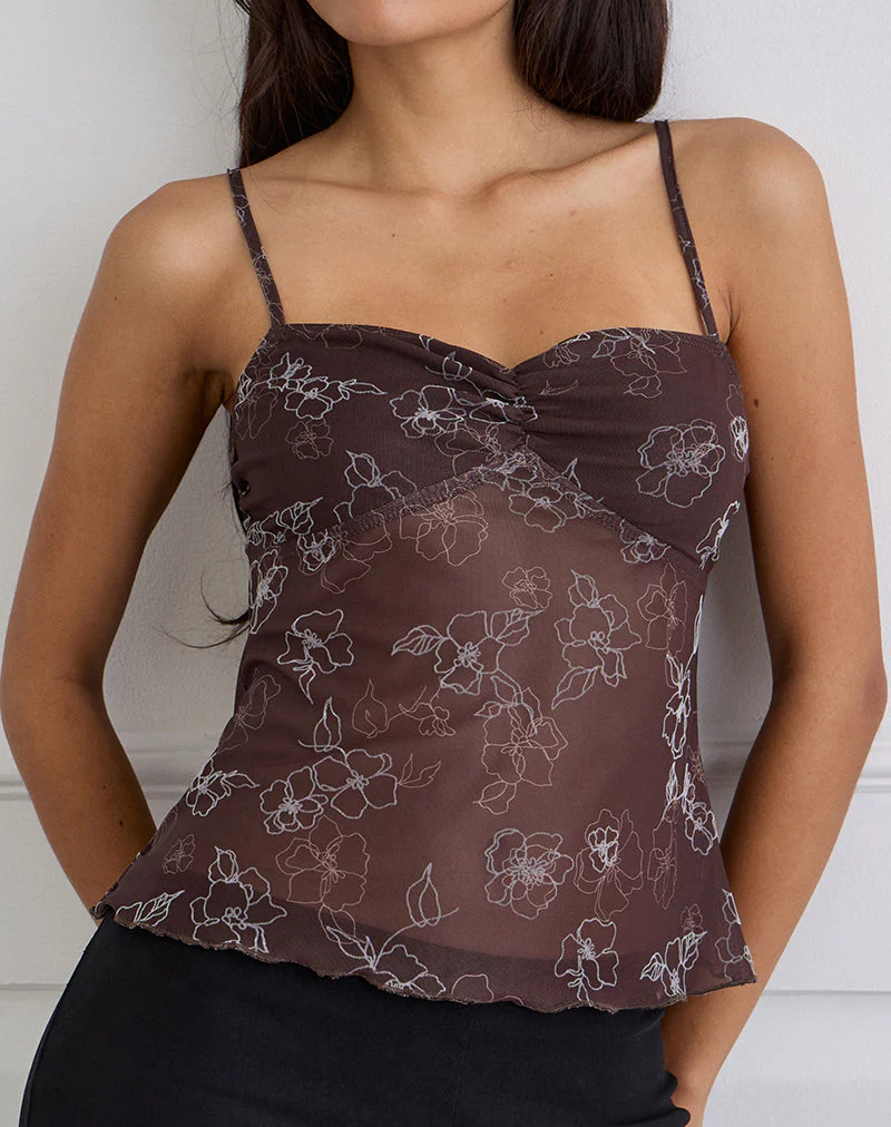 Fierza Cami Top in Doodle Flower Flock Braun - Image 2