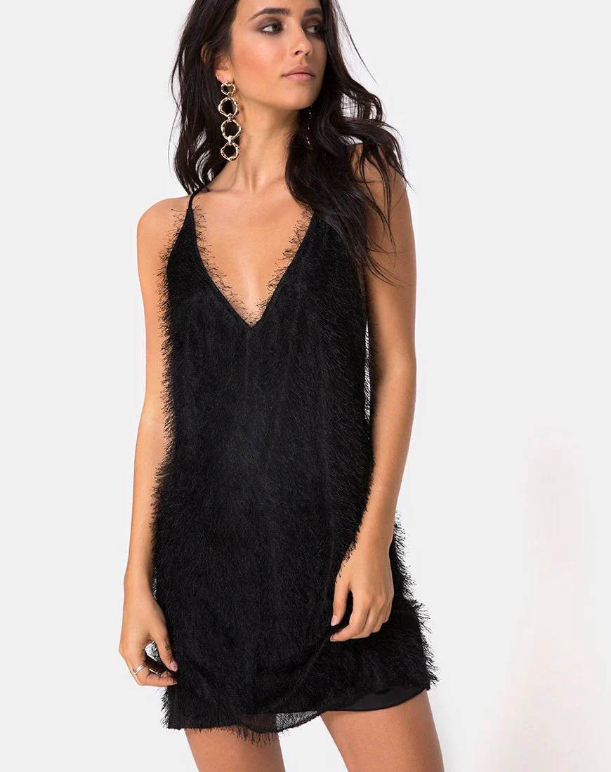 Finn Slip Dress aus Fransen Schwarz