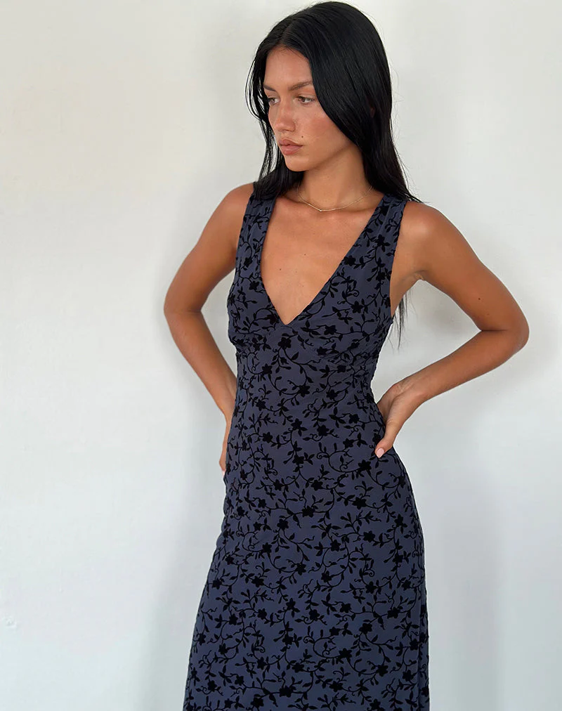 Gabriela Midikleid aus beflocktem Blütenblatt Navy - Image 3