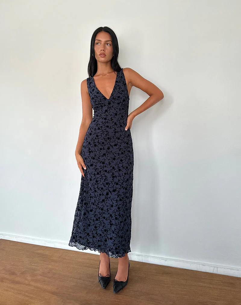 Gabriela Midikleid aus beflocktem Blütenblatt Navy - Image 4