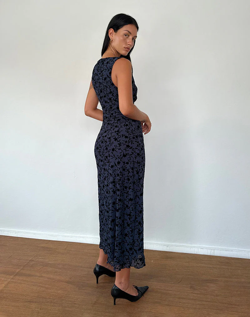 Gabriela Midikleid aus beflocktem Blütenblatt Navy - Image 5