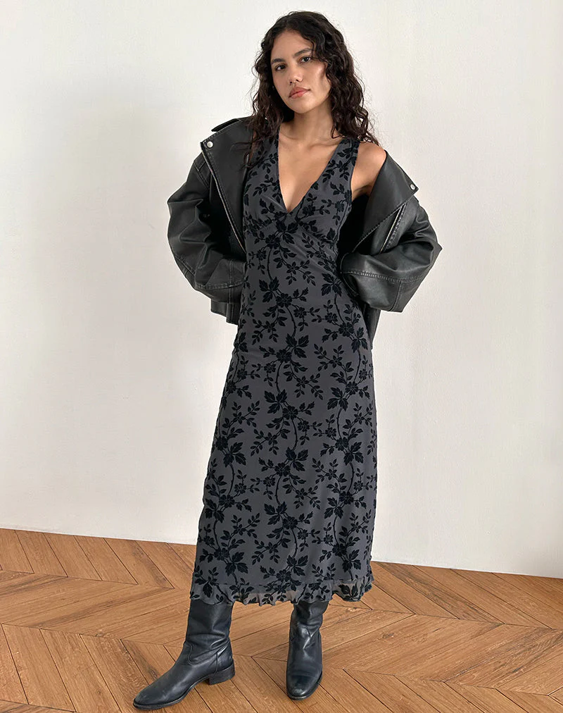 Gabriela Midikleid in Vine Flocked Floral Ocean Storm