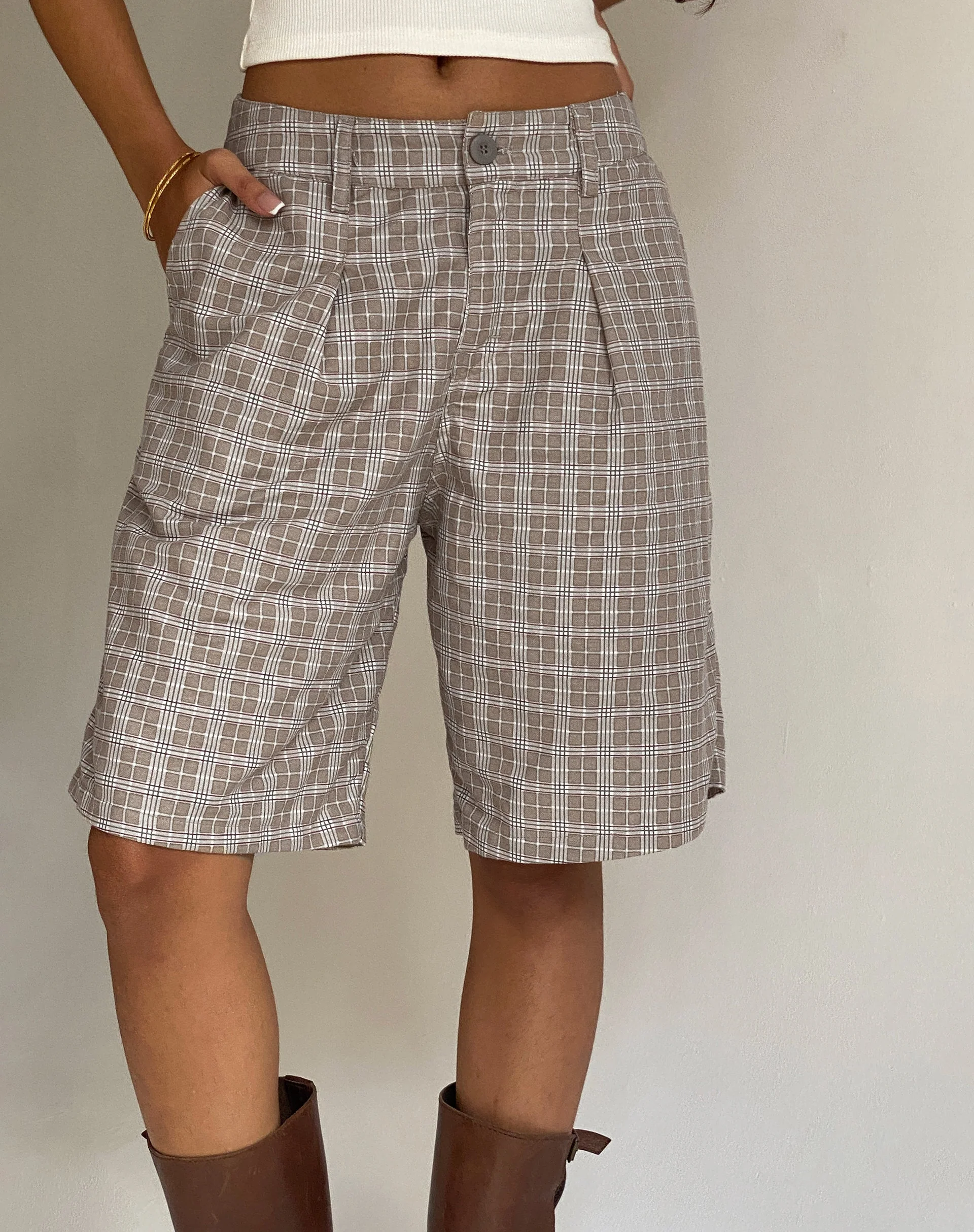 Gail Longline Shorts in Taupe Karo - Image 2