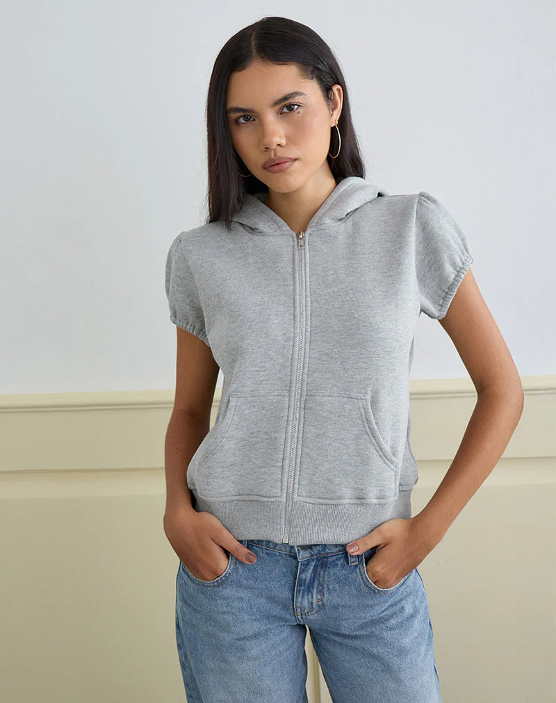 Galia Kurzarm-Kapuzenpullover mit Reißverschluss in Grau meliert - Image 4