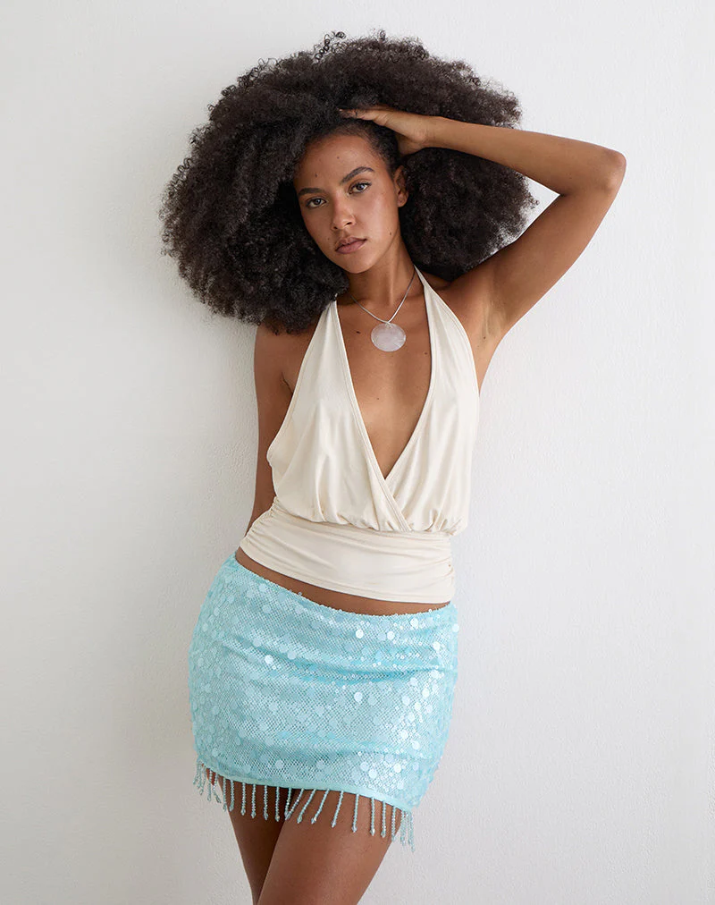 Gasenda Mini Skirt in Net Sequin Blue with Beaded Hem - Image 3