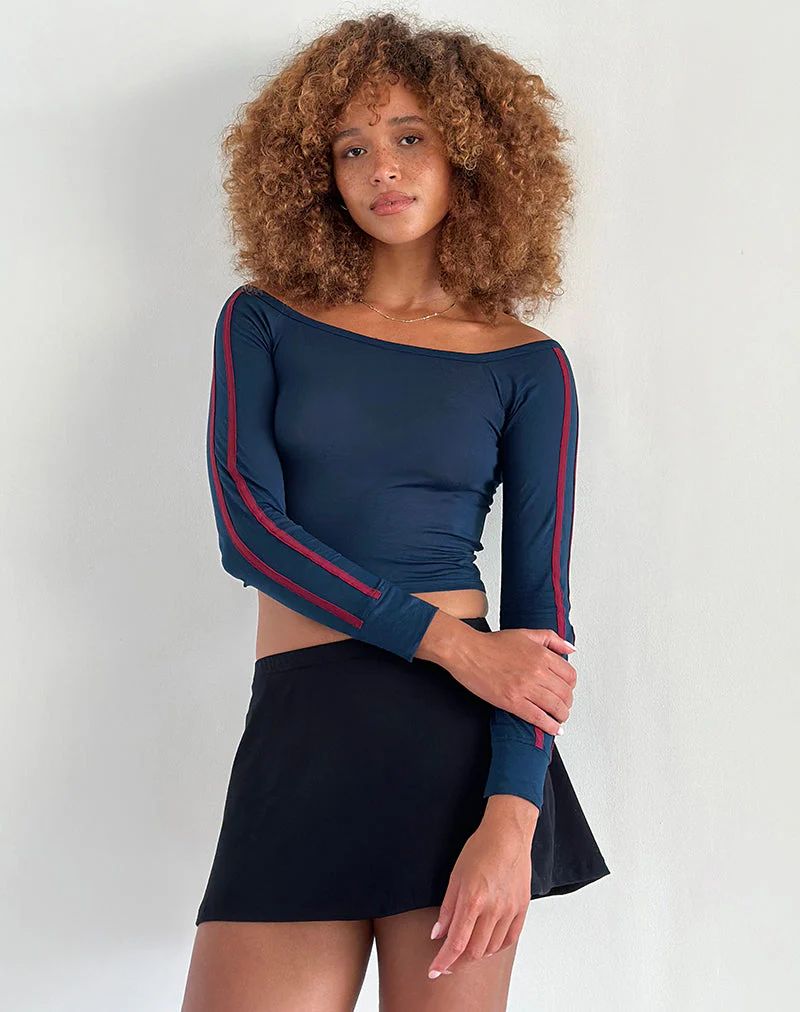Gavya Bardot Langarm-Top in Navy mit roten Adrenalinstreifen