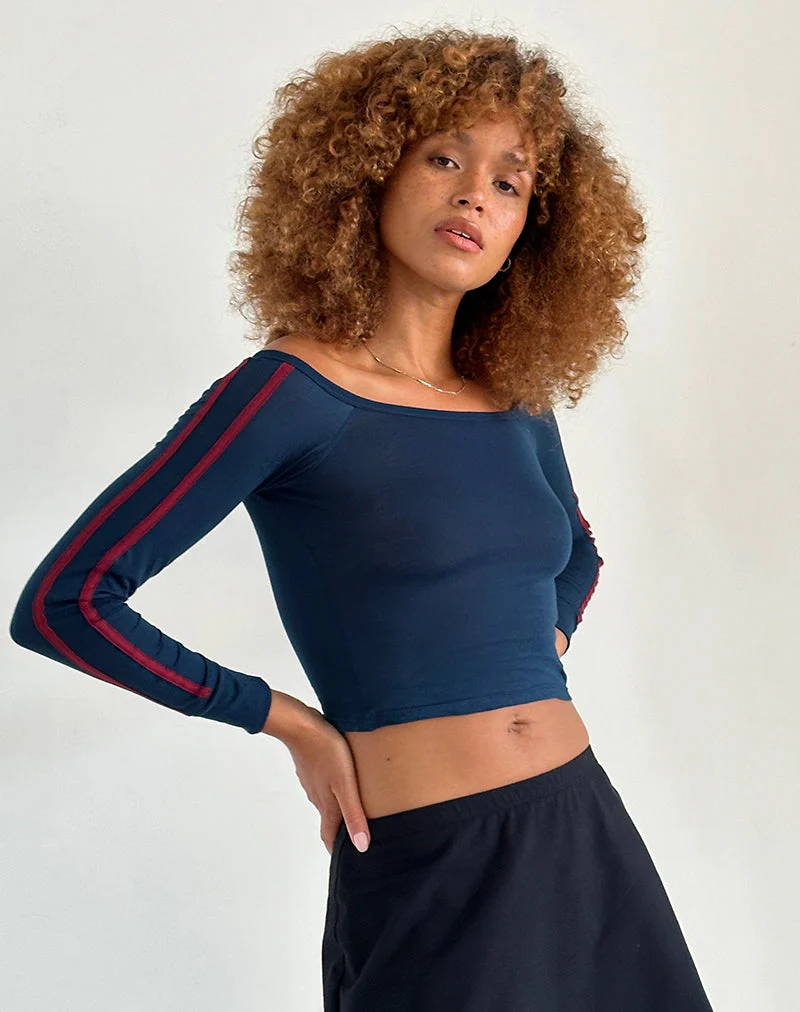 Gavya Bardot Langarm-Top in Navy mit roten Adrenalinstreifen - Image 2