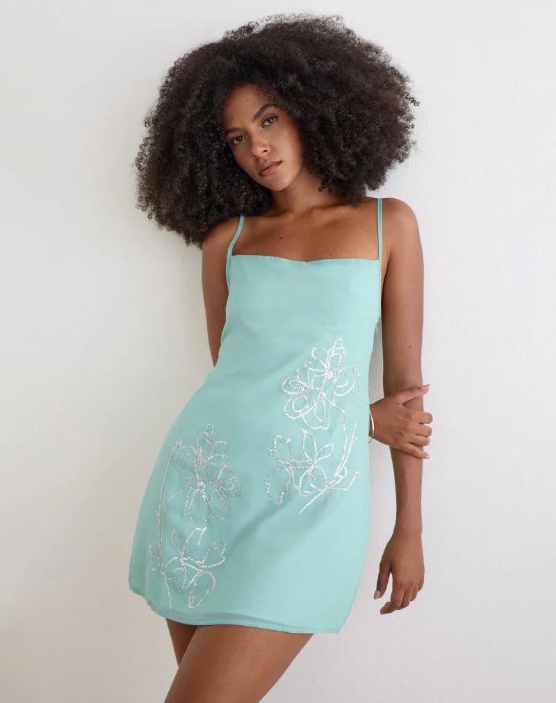 Gelora Mini Dress in Chiffon Floral Sequin Turquoise - Image 3