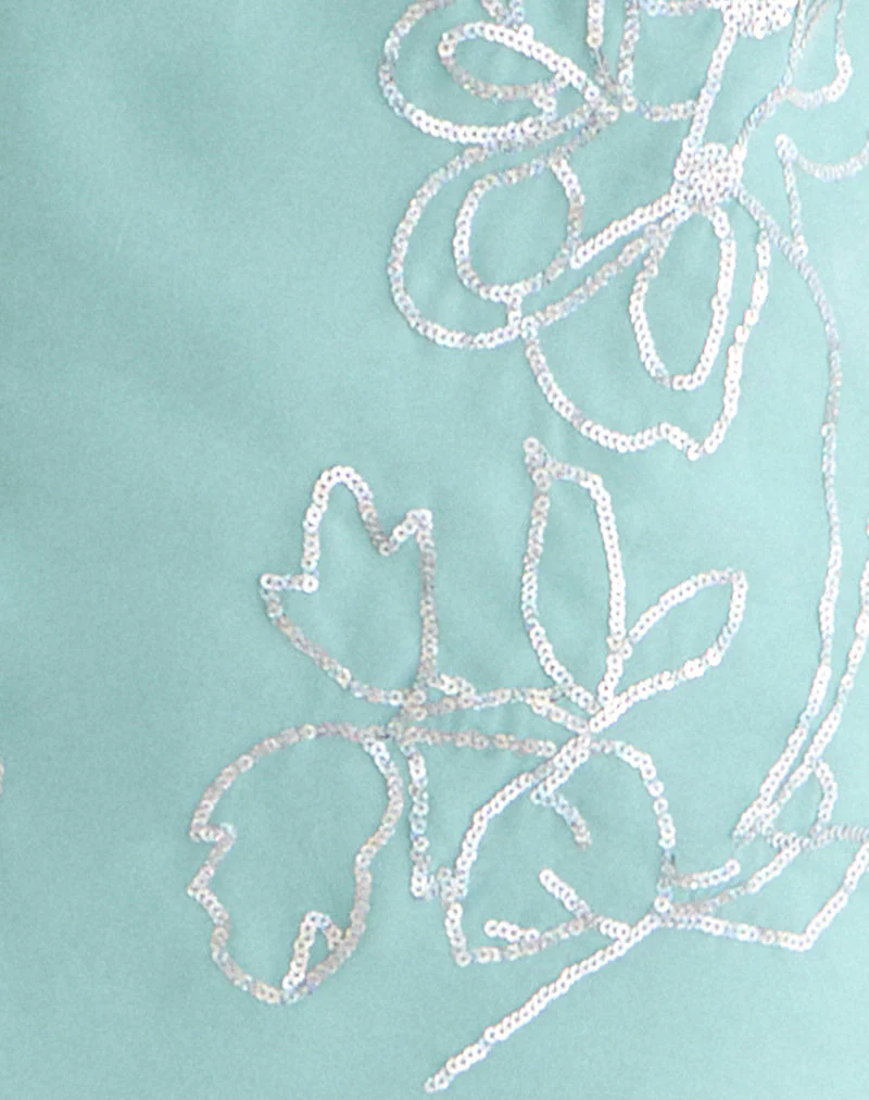 Gelora Mini Dress in Chiffon Floral Sequin Turquoise - Image 6