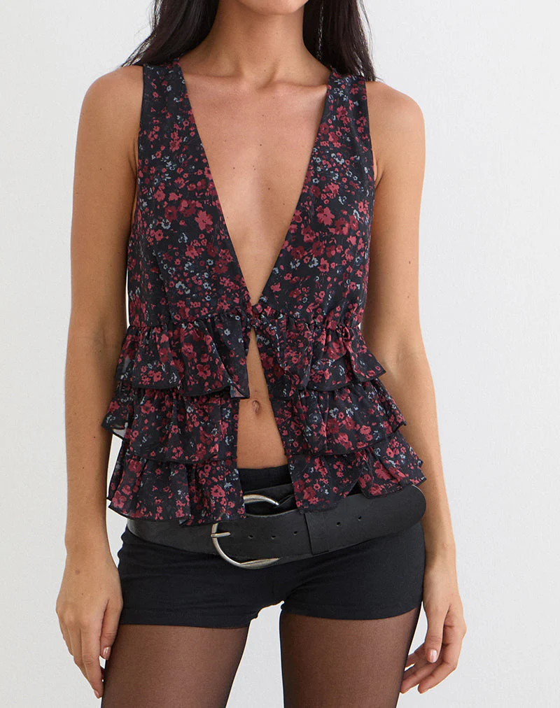 Gendhis Weste aus Chiffon mit verstreuten Blumenmustern in Schwarz und Rot - Image 2
