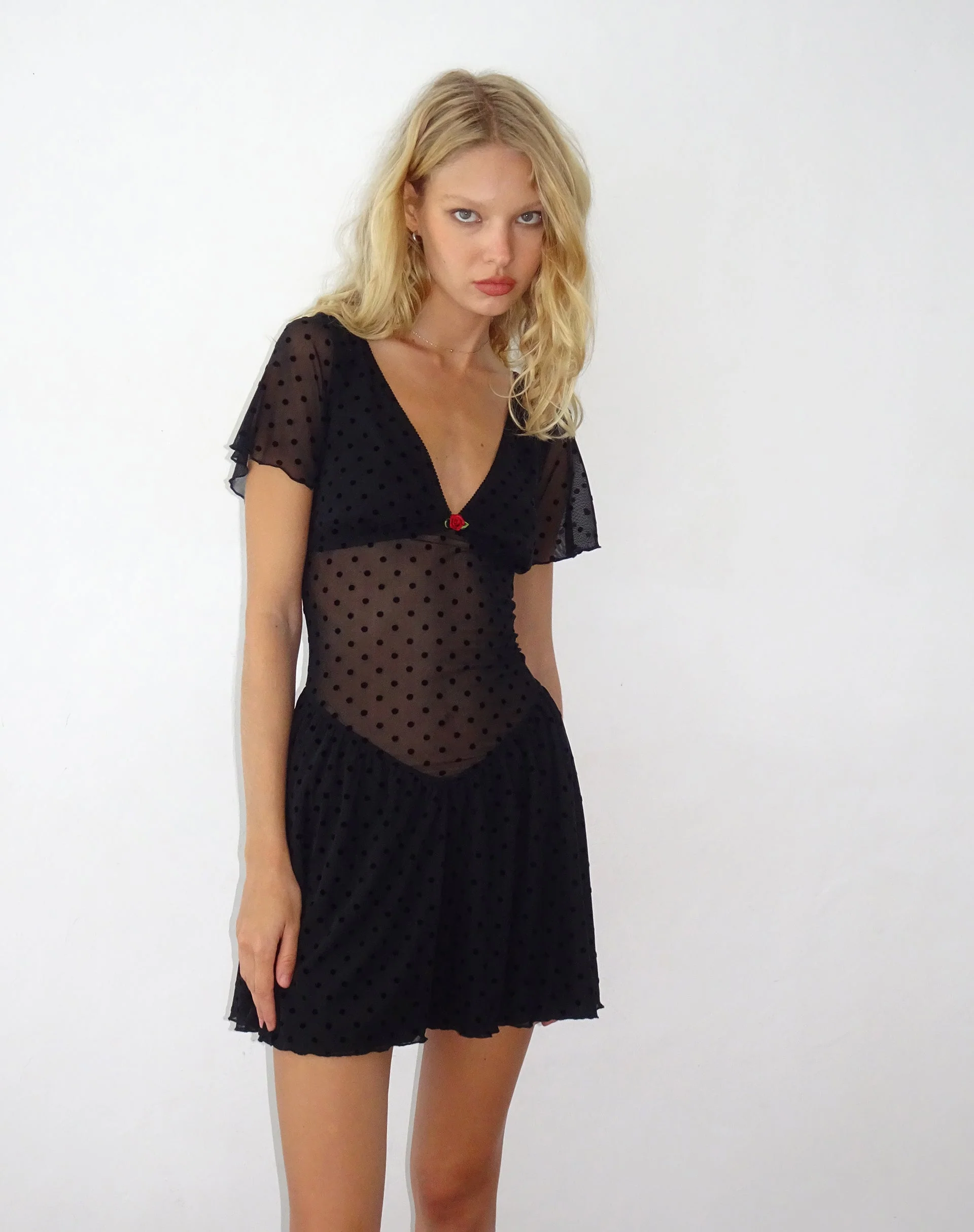 Geni Minikleid in Polka Schwarz Flock - Image 4