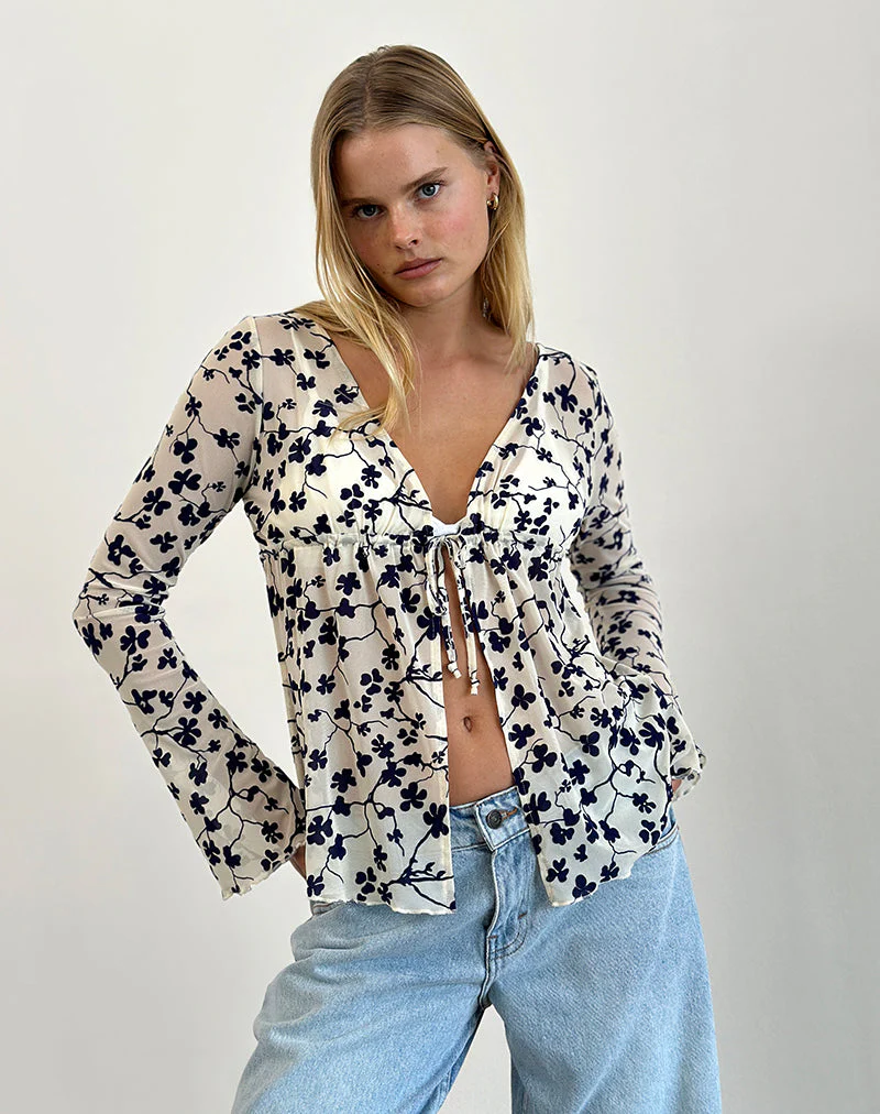 Gerbera Langarm Top in Grunge Floral Flock Creme