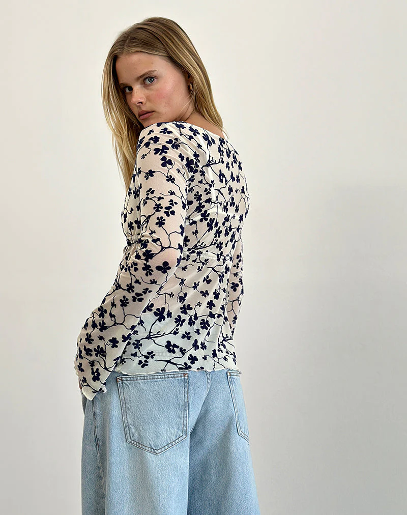 Gerbera Langarm Top in Grunge Floral Flock Creme - Image 3