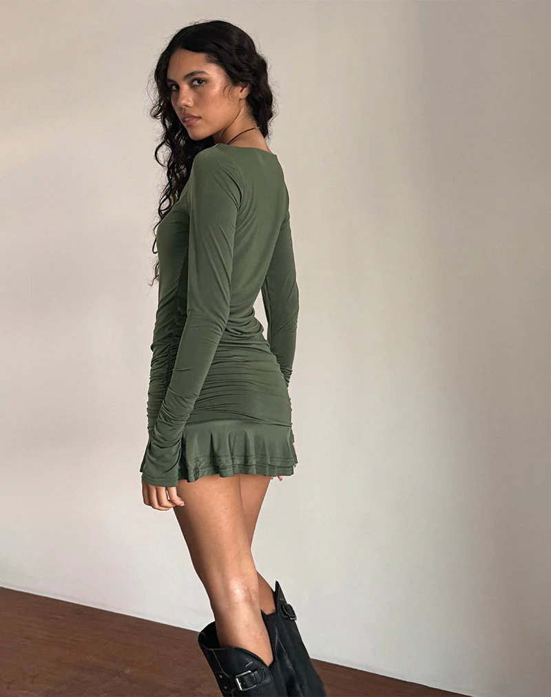 Gillian Langärmeliges Minikleid in Slinky Khaki - Image 3