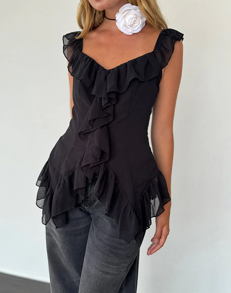 Glaiza Ruffle Cami Top in Schwarz
