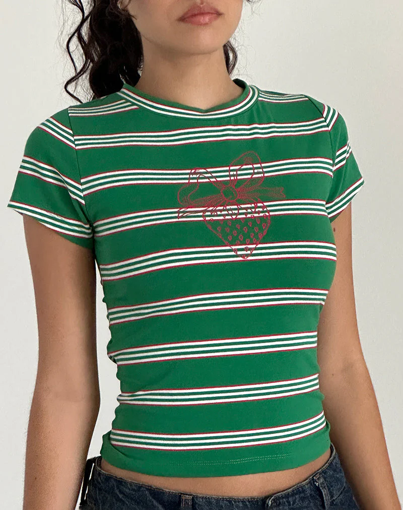 Glenda Jersey Tee in Grün und Weiß gestreift mit Erdbeermotiv - Image 2