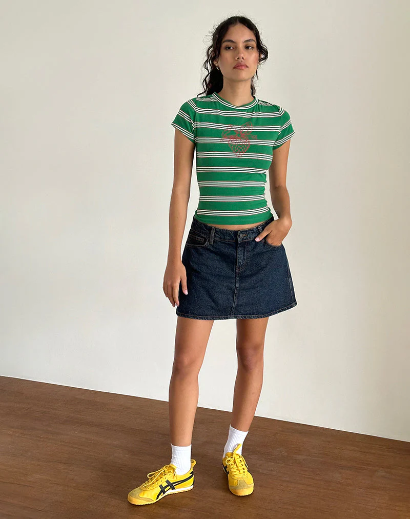 Glenda Jersey Tee in Grün und Weiß gestreift mit Erdbeermotiv - Image 4