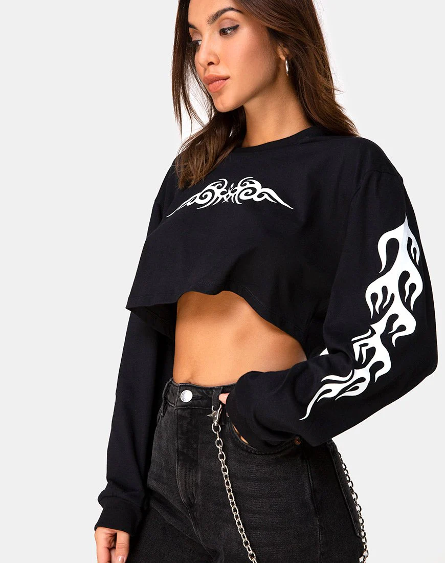 Gocea Crop Top in Schwarz mit weißem Tribal