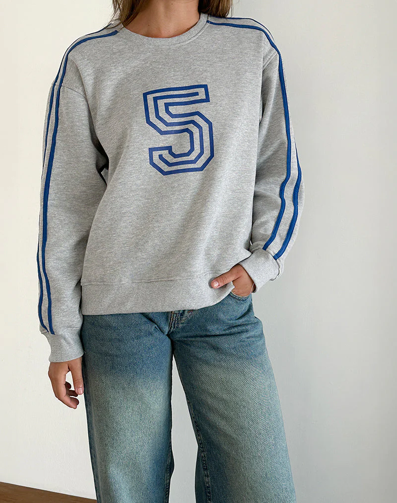 Govel Sweatshirt in Grau meliert mit kobaltblauem 5-Motiv - Image 2