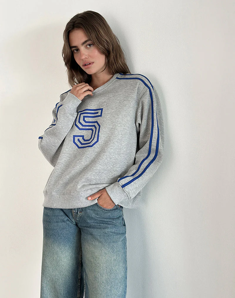 Govel Sweatshirt in Grau meliert mit kobaltblauem 5-Motiv - Image 3