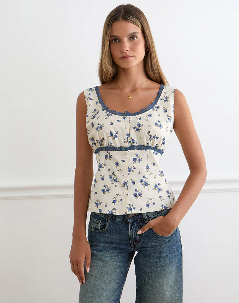 Gronini Top in Ditsy Leaf Rose Navy - Image 4