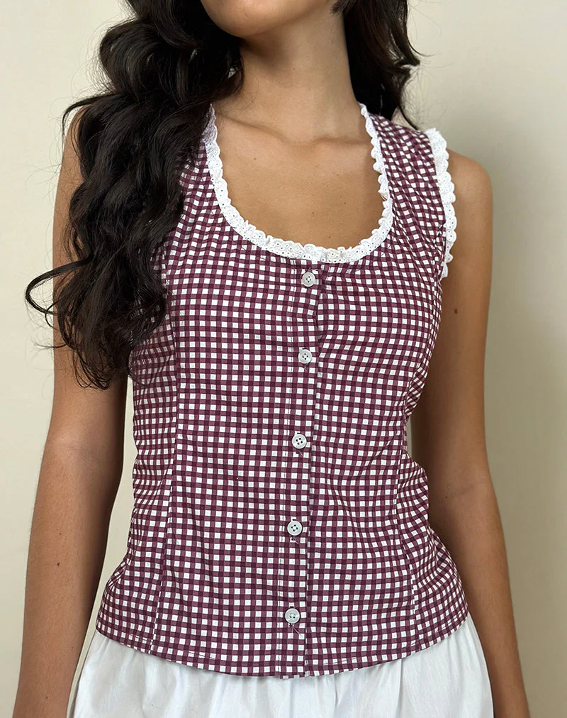Gronita Bluse in Mini Gingham Wein mit weißer Spitze - Image 4