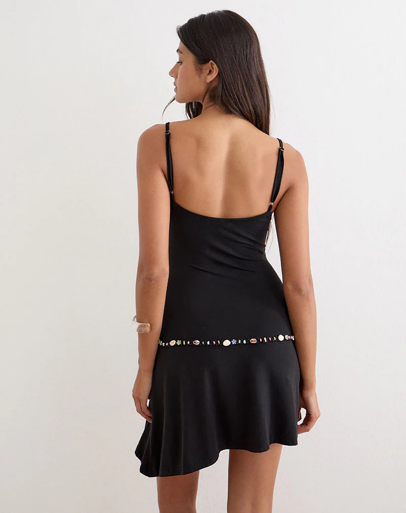Gussie Mini Dress with Shell Trim in Cupro Black - Image 4