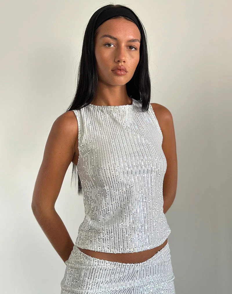 Hala Top in Silber Chrom Drapierung Mini Pailletten